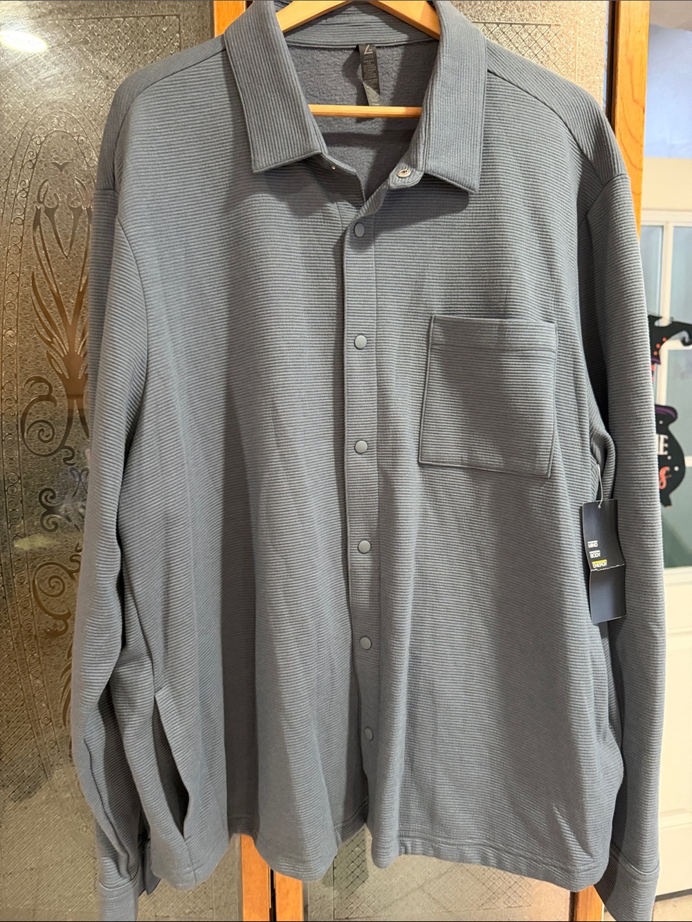 Zella Waffle Men’s Long-Sleeve Gray Button-Up Pocket Shirt Jacket Soft XXL 2XL